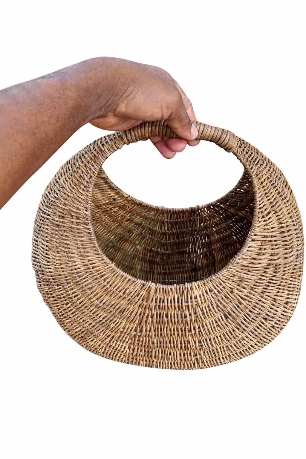 Hand-woven crescent shaped basket bag