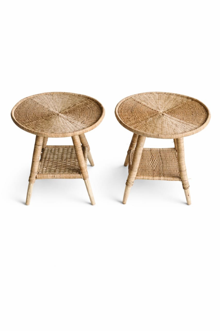 Round rattan side and coffee tables with woven tops