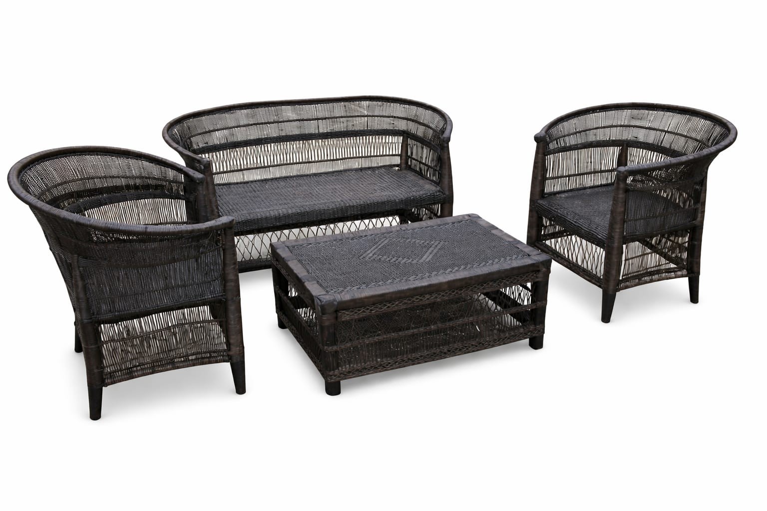 Dark brown wicker armchairs and loveseat with coffee table